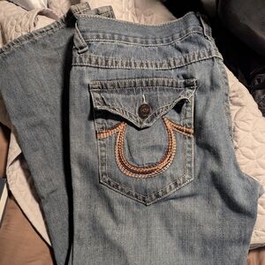 True Religion Blue Straight Jeans with Signature Horseshoe Stitching